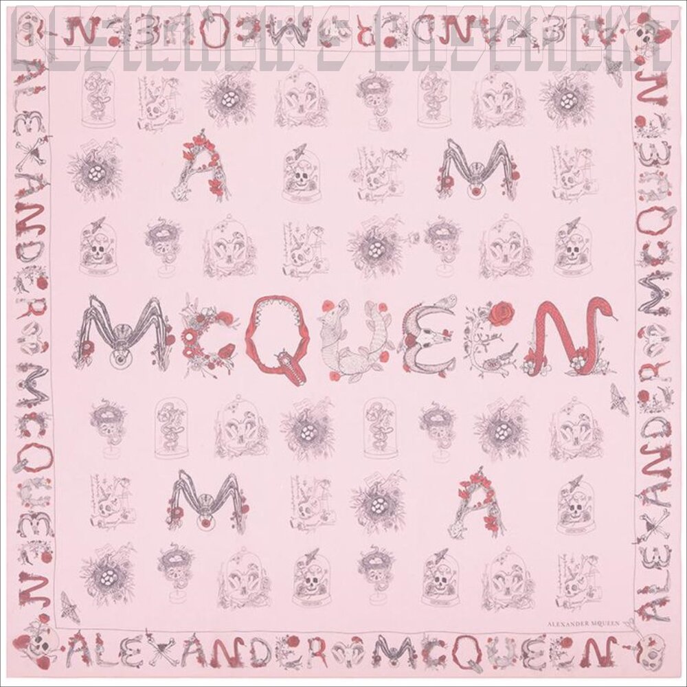 ALEXANDER MCQUEEN pink letters SKULL CABINETS silk chiffon 52" sqre scarf shawl